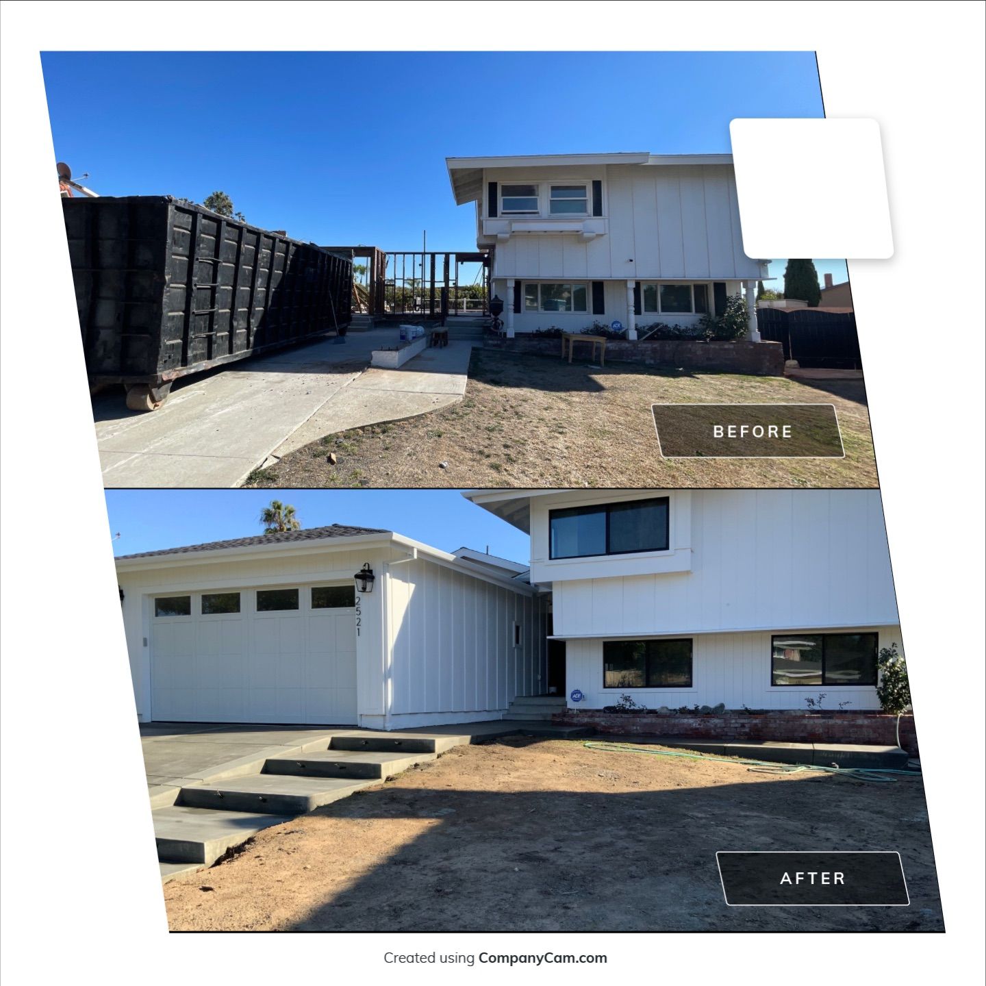 Before and after home exterior and garage construction project.