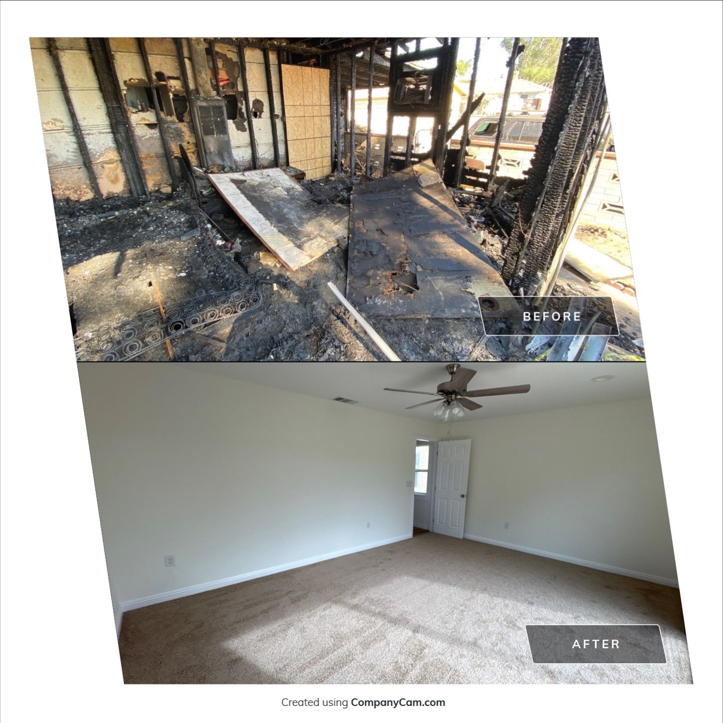 Before and after interior fire damage restoration of a bedroom.